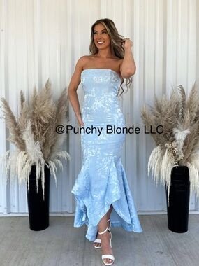 PunchyBlonde Strapless Powder Blue Jacquard Mermaid Dress